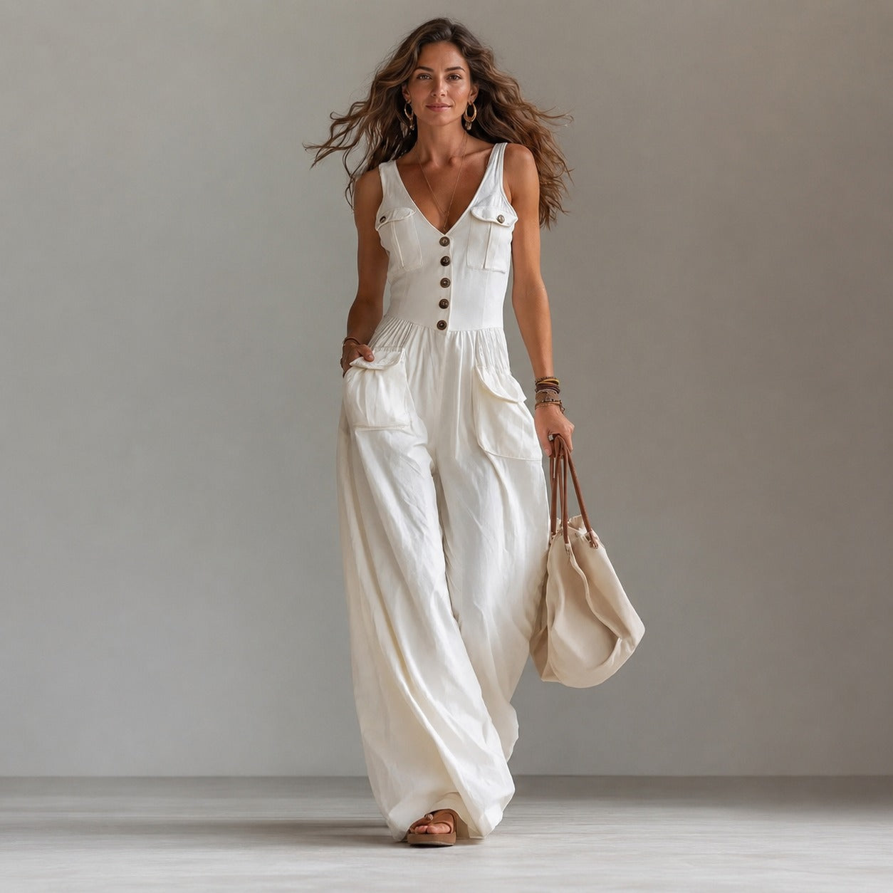 Macacão Marvella™ com Decote V e Calça Pantalona