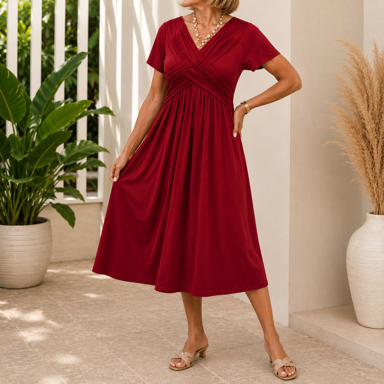 Vestido Lirenne™ com Saia Midi Fluida e Bolsos Laterais