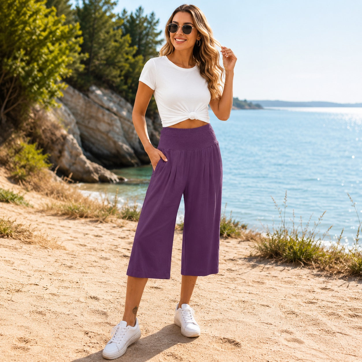 Calça Capri Rosetta™ em Linho de Algodão com Cós Franzido Elegante