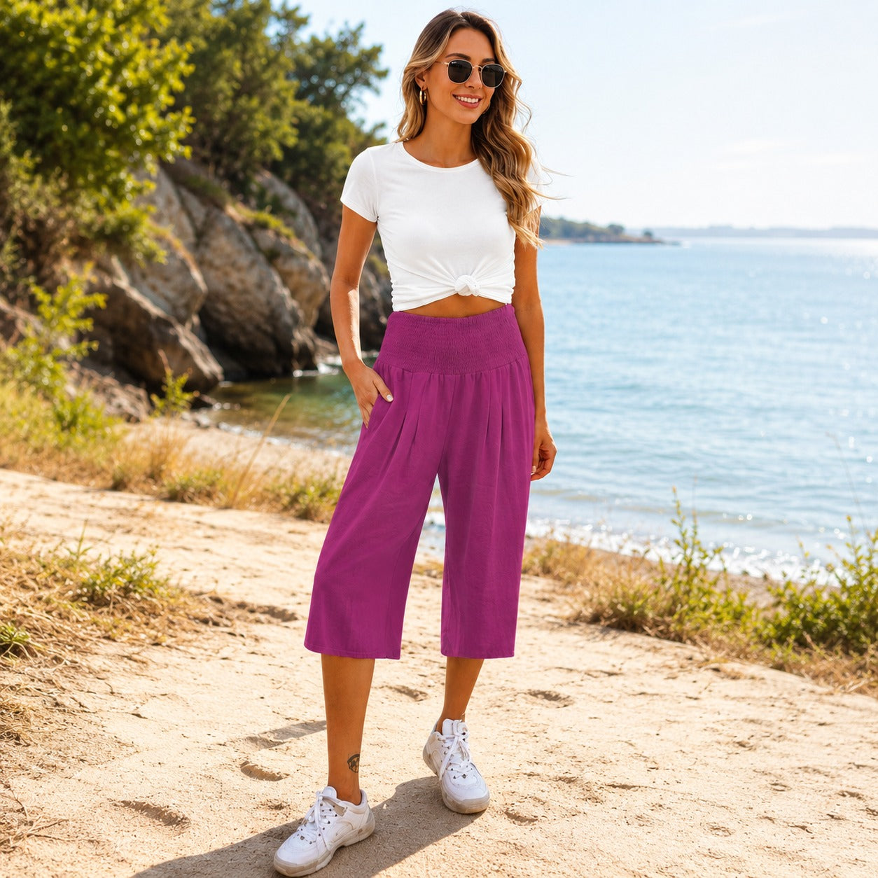 Calça Capri Rosetta™ em Linho de Algodão com Cós Franzido Elegante