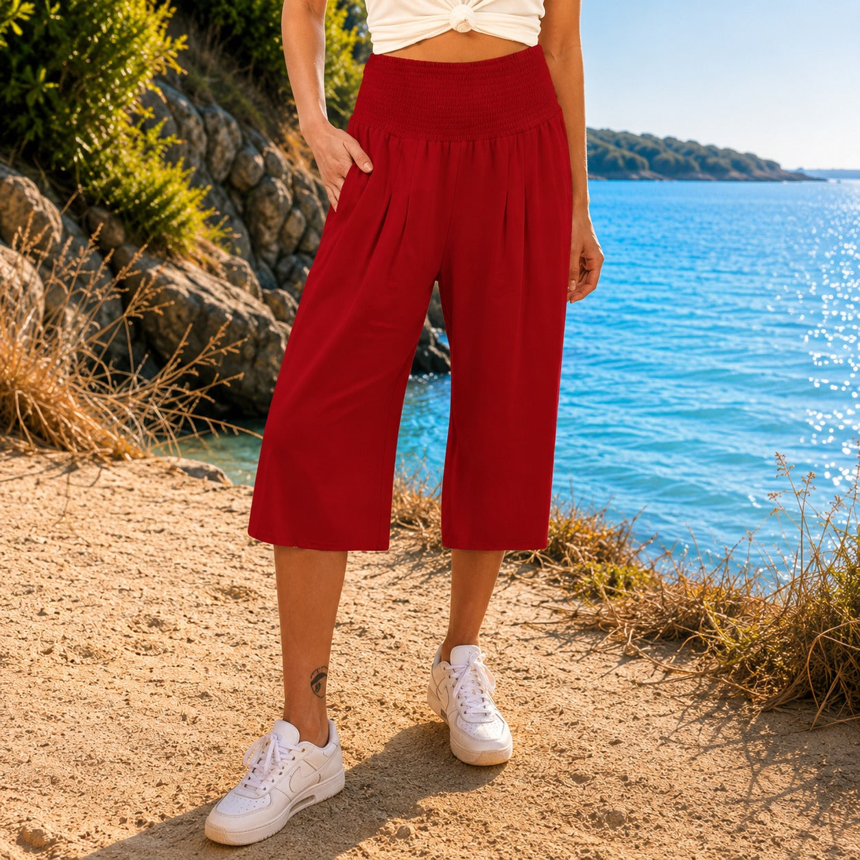 Calça Capri Rosetta™ em Linho de Algodão com Cós Franzido Elegante