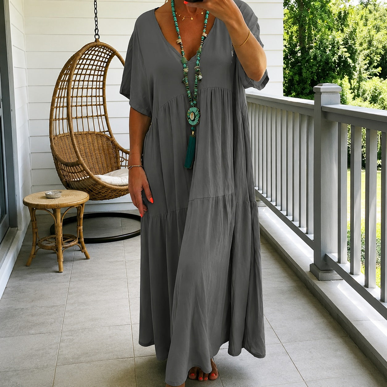 Vestido Liorenna™ em Linho de Algodão com Modelagem Solta e Decote V