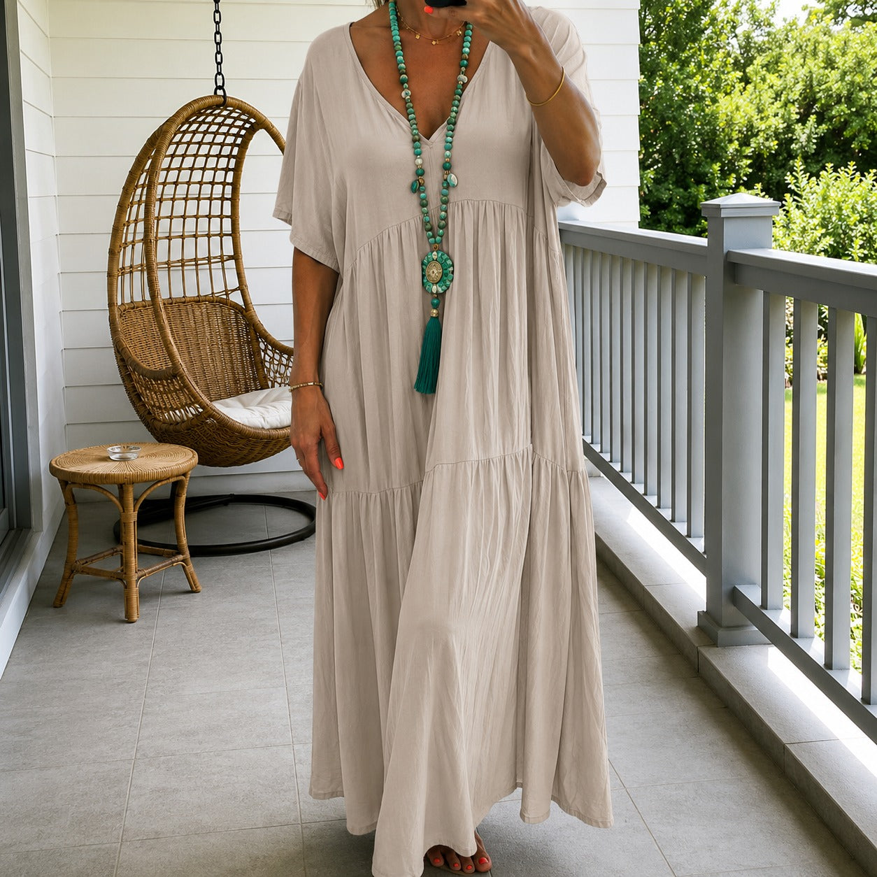Vestido Liorenna™ em Linho de Algodão com Modelagem Solta e Decote V