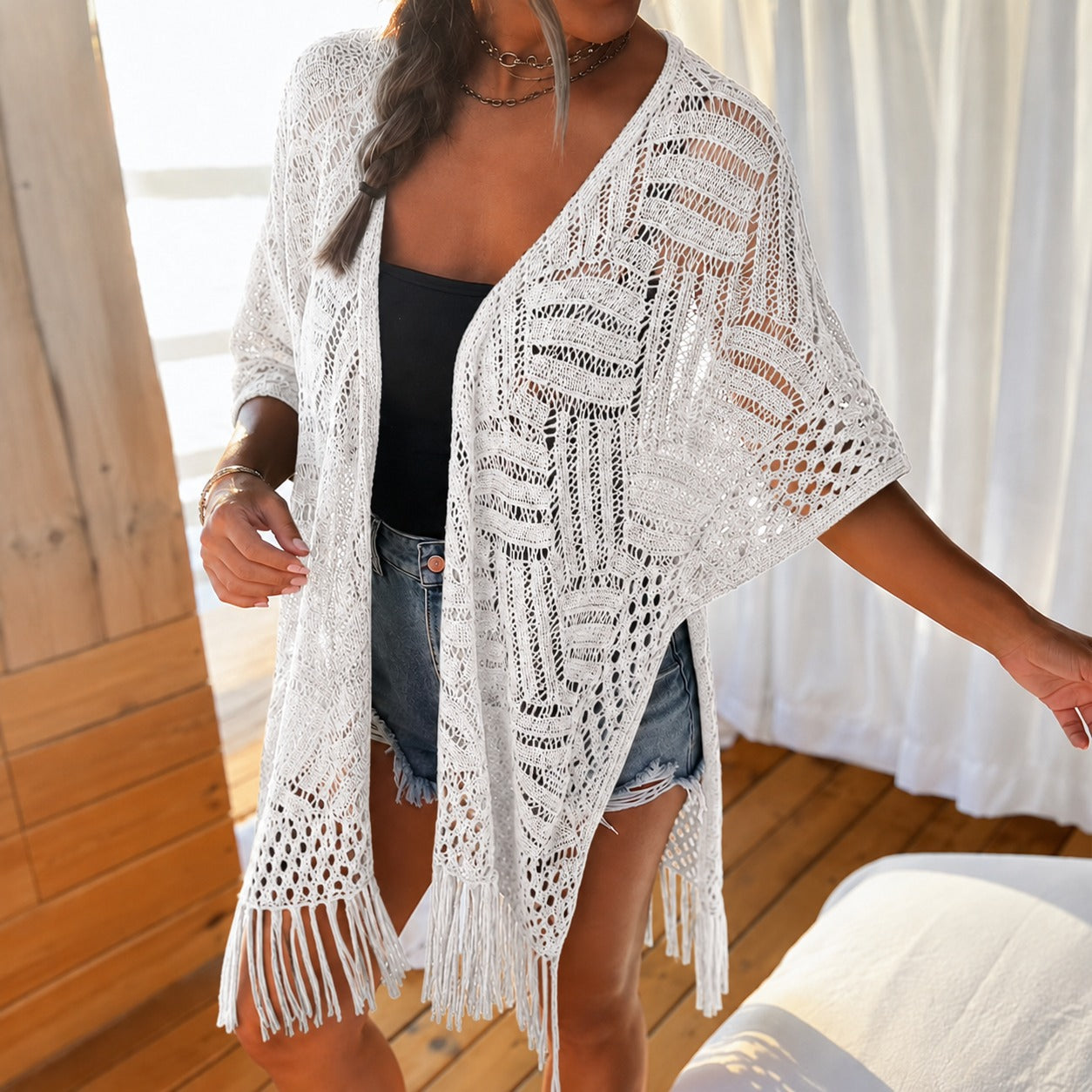 Kimono Calivie™ em Tricô Vazado com Franjas