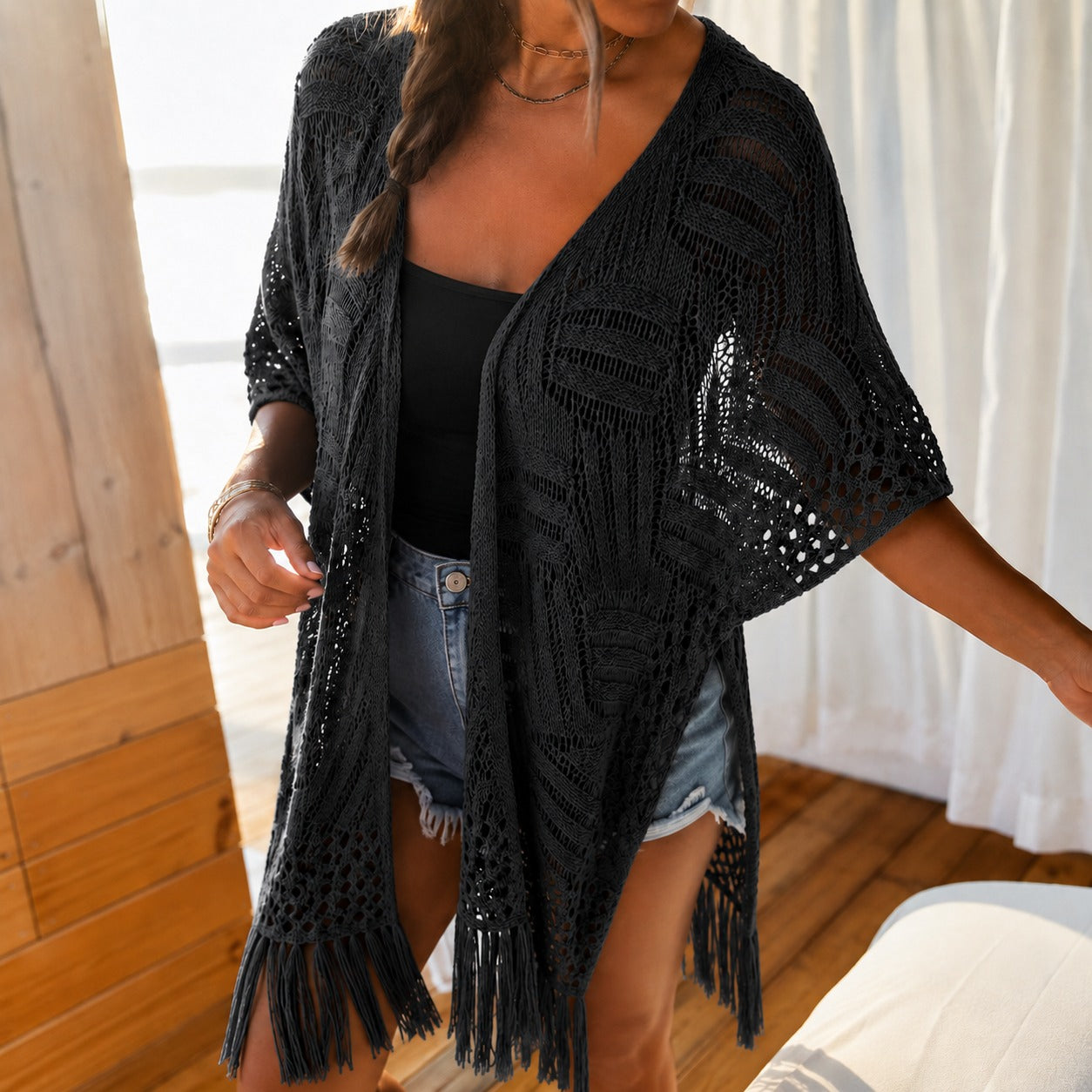 Kimono Calivie™ em Tricô Vazado com Franjas