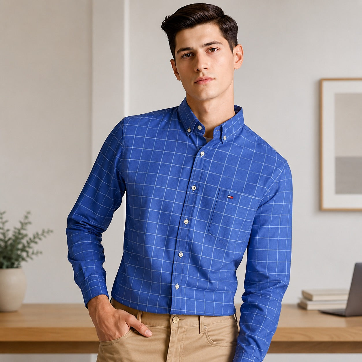 Camisa Gaspard™ com Gola Abotoada, Padronagem Xadrez e Bolso Frontal / Visual Clássico Com Presença Moderna