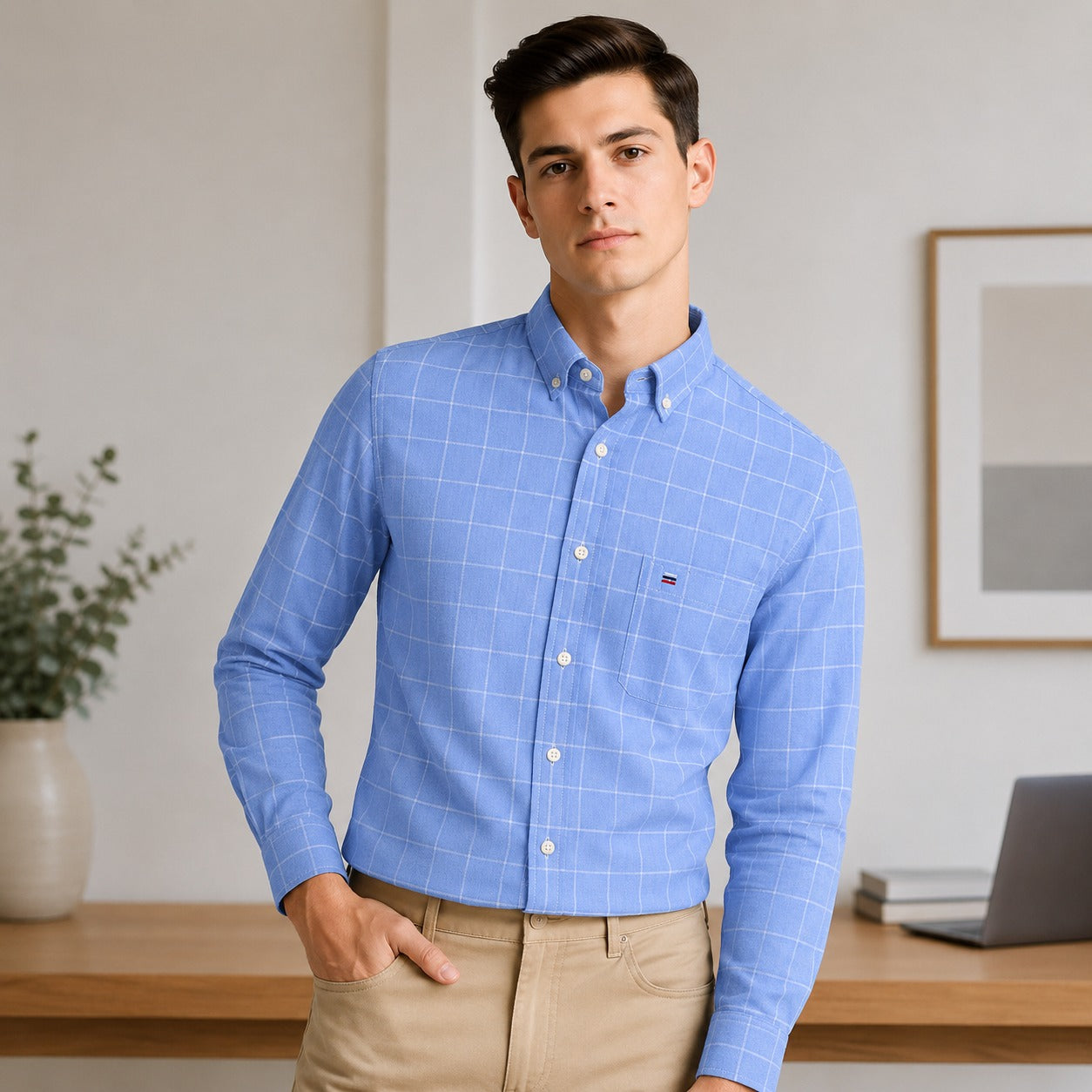 Camisa Gaspard™ com Gola Abotoada, Padronagem Xadrez e Bolso Frontal / Visual Clássico Com Presença Moderna