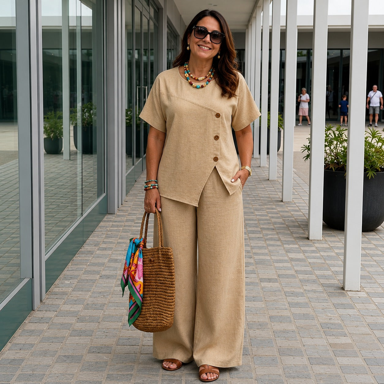 Conjunto Savena™ com Blusa de Design Assimétrico e Botões Frontais, Calça Pantalona de Cintura Alta