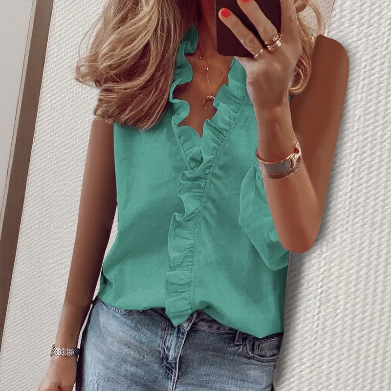 Blusa Violette™ em Chiffon Premium com Babados Frontais e e Modelagem Ampla Sem Mangas / Delicadeza Que Renova O Visual