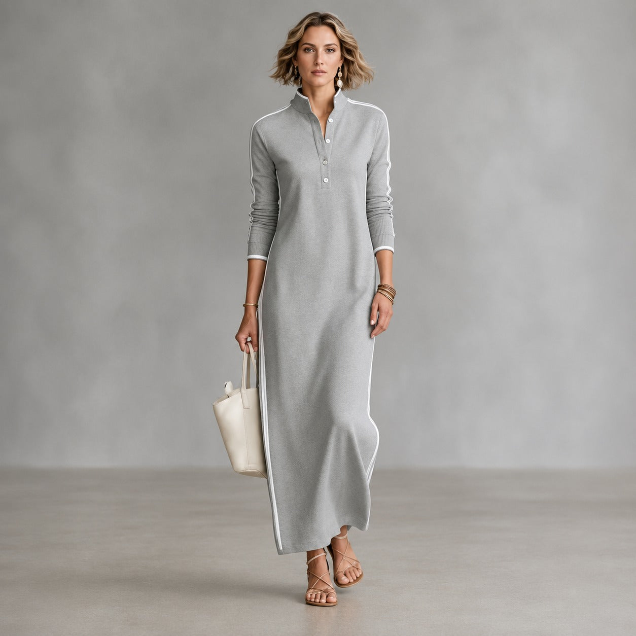 Vestido Noriele™ com Gola Polo, Listras Laterais e Modelagem Longa.