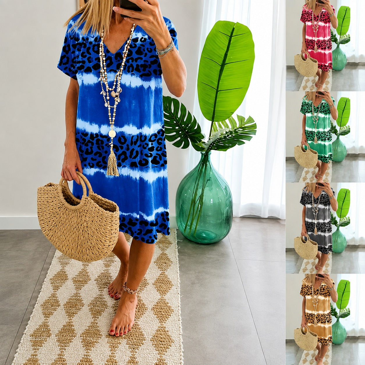Vestido Selvanna™ com Estampa Animal Print, Decote V e Mangas Curtas.