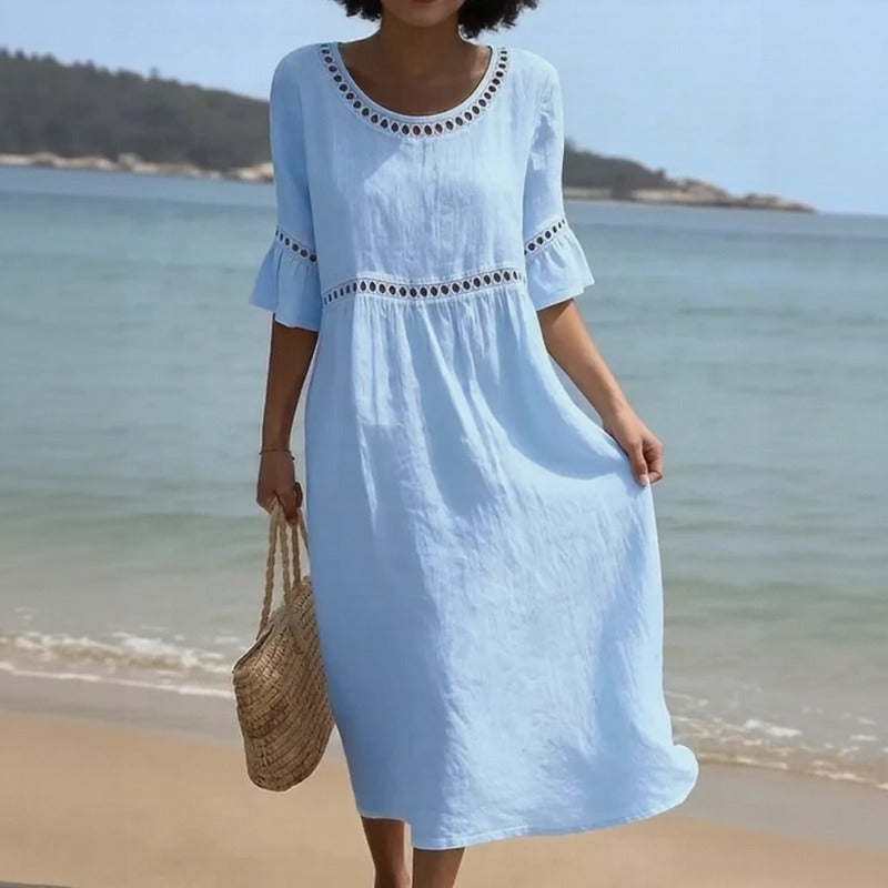 Vestido Mireza™ em Linho de Algodão com Detalhes Vazados e Mangas com Babado