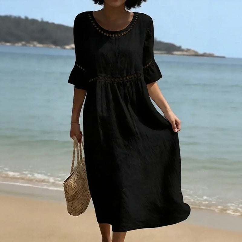 Vestido Mireza™ em Linho de Algodão com Detalhes Vazados e Mangas com Babado