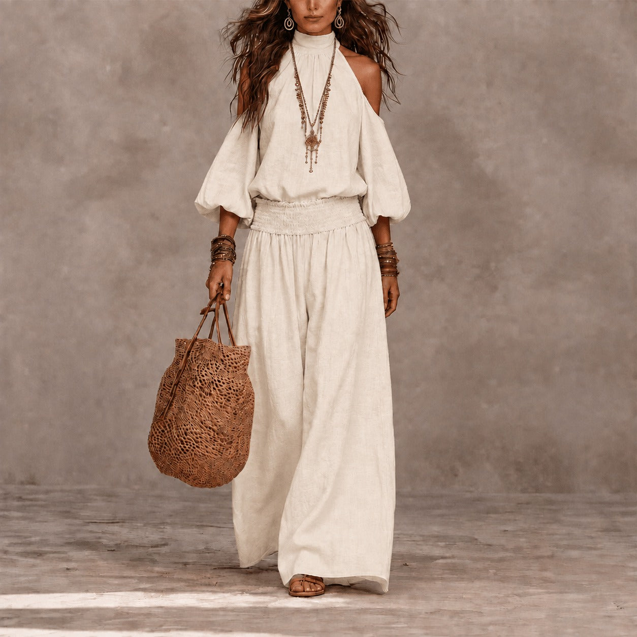 Conjunto Elisia™ com Blusa de Ombros Vazados e Calça Pantalona de Cós Elástico
