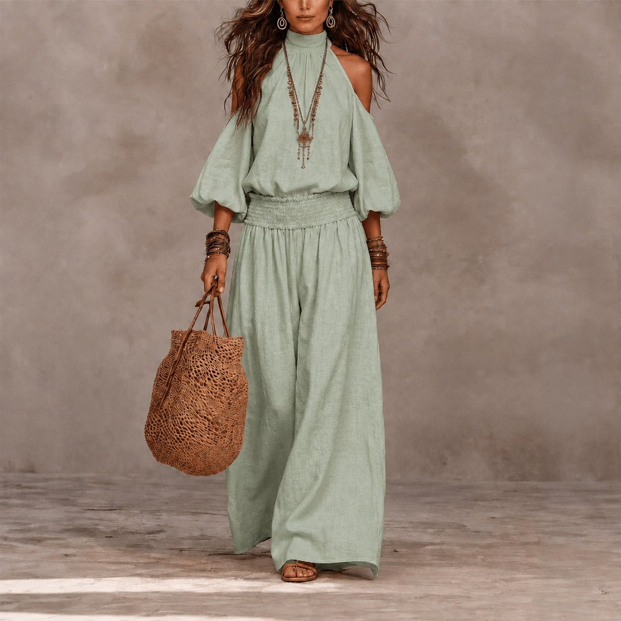 Conjunto Elisia™ com Blusa de Ombros Vazados e Calça Pantalona de Cós Elástico