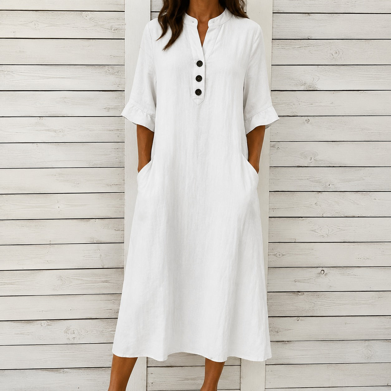Vestido Elaine™ em Algodão com Gola Mandarim, Botões Frontais e Bolsos Laterais