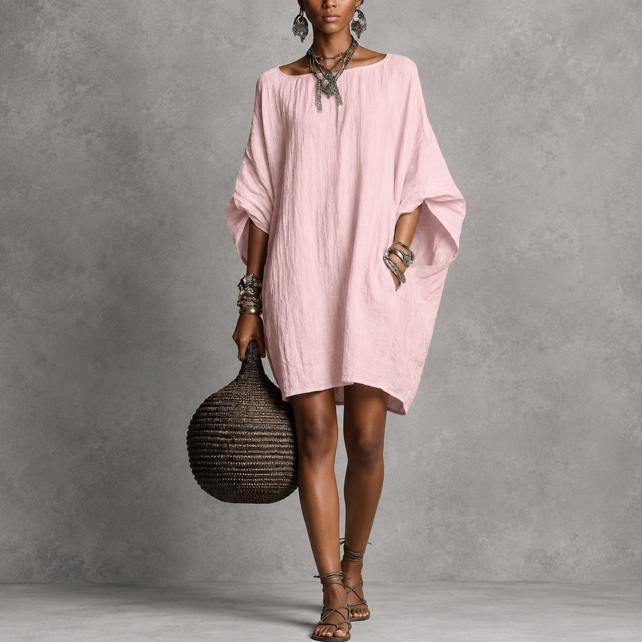 Vestido Juliana™ em Linho de Algodão com Modelagem Ampla e Decote Redondo