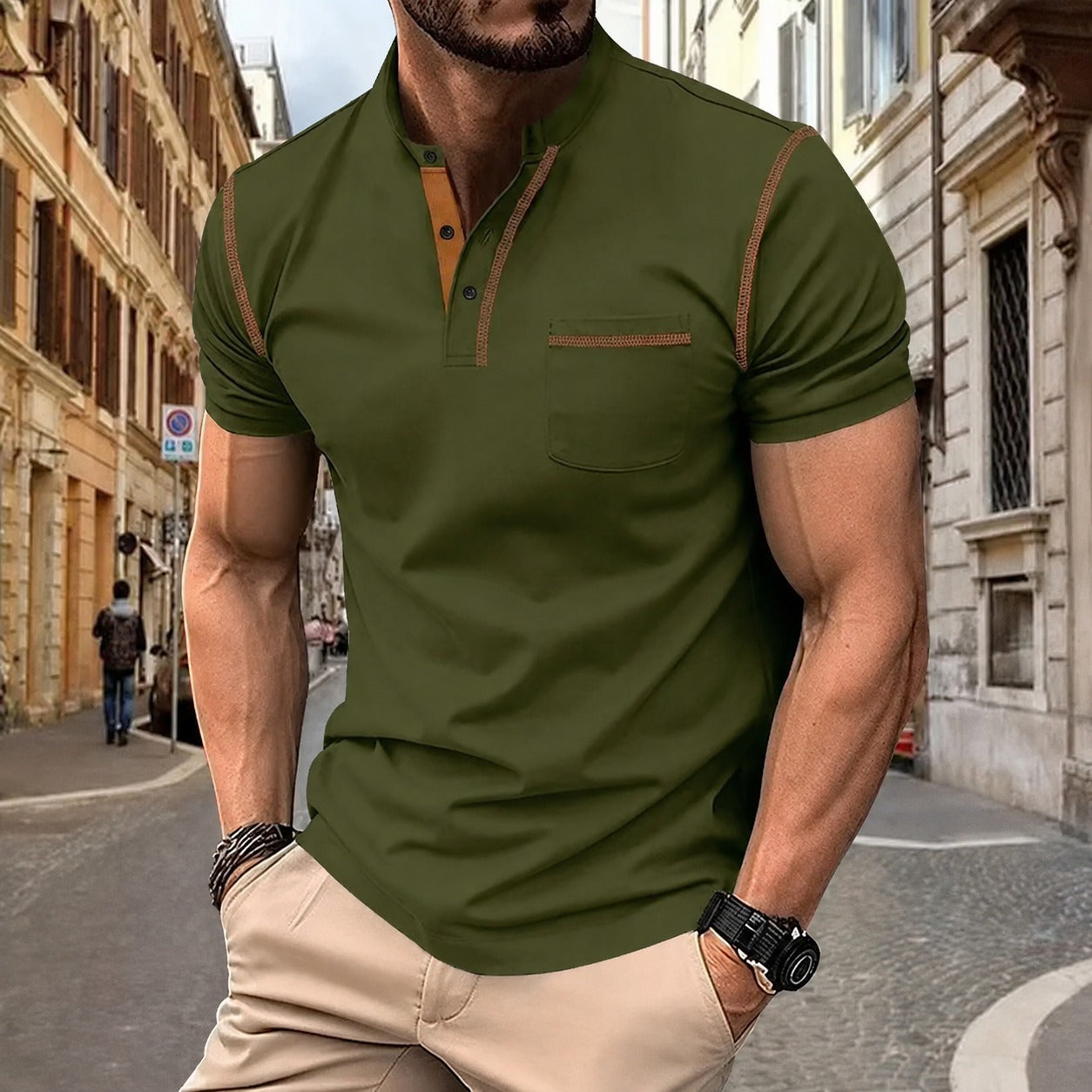 Camiseta Casual Torvani™ com Gola Padre e Acabamento Contrastante / Fácil de Combinar do Jeans à Alfaiataria