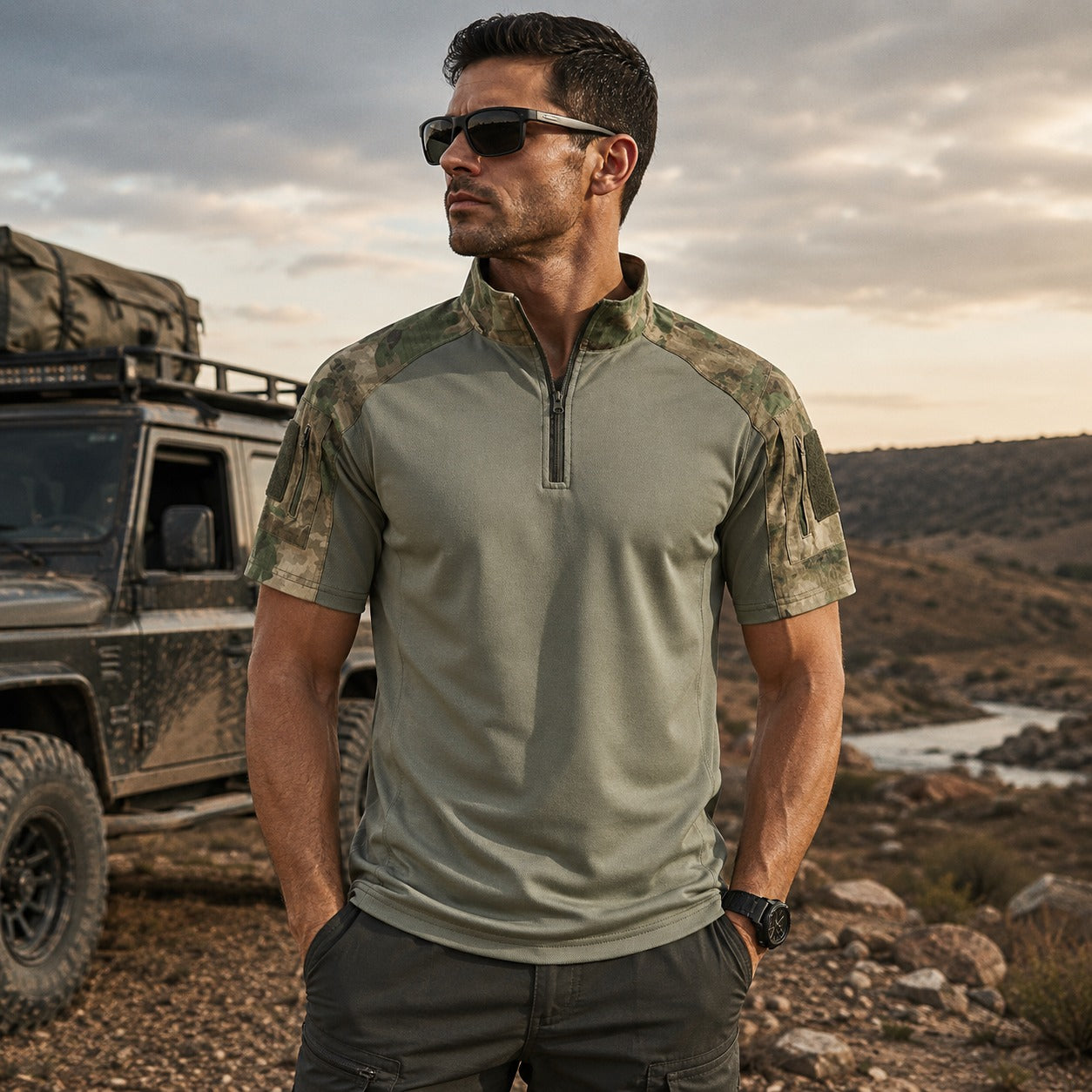Camiseta Kaiven™ com Recortes Camuflados e Gola com Zíper / Um Visual Tático Que Traz Mais Presença Ao Casual