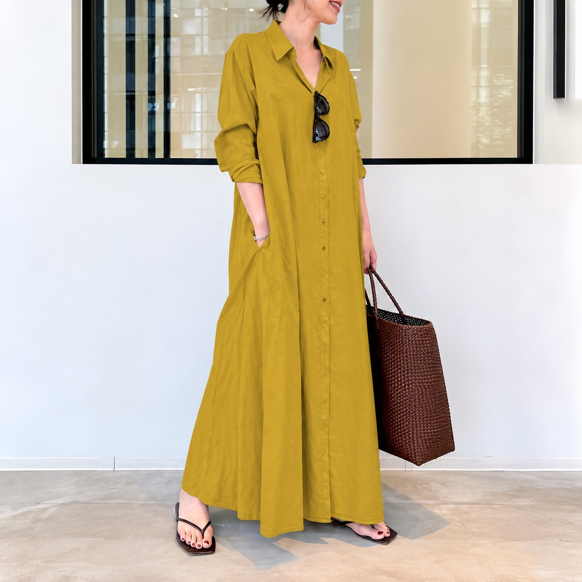 Vestido Débora™ em Linho de Algodão com Gola de Camisa, Botões Frontais e Modelagem Ampla