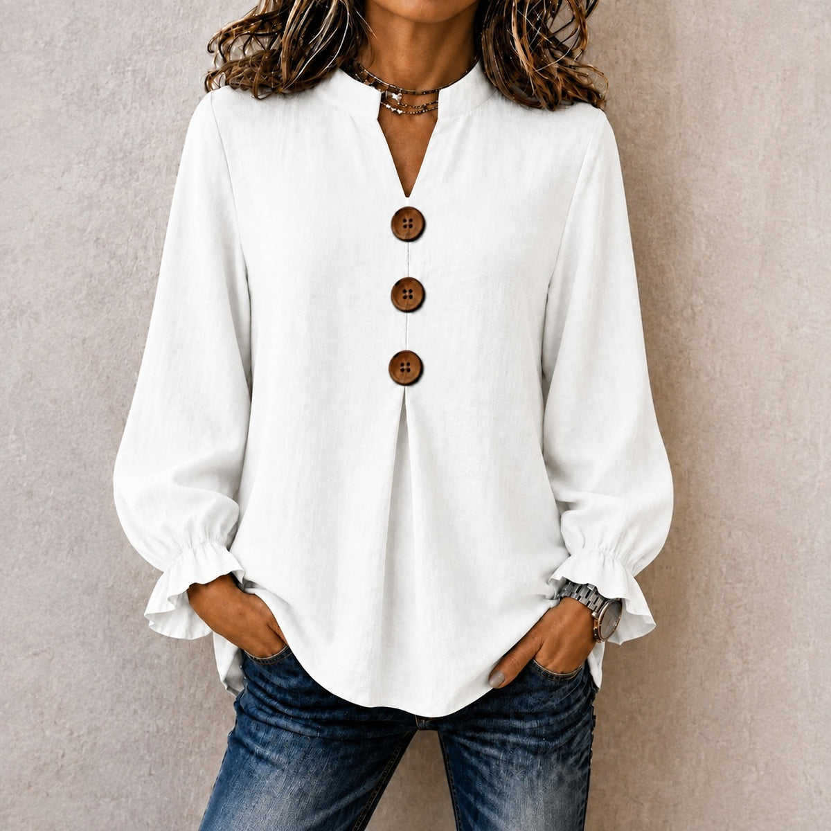 Blusa Kamille™ em Linho de Algodão com Gola Mandarim, Botões Frontais e Punhos com Babados