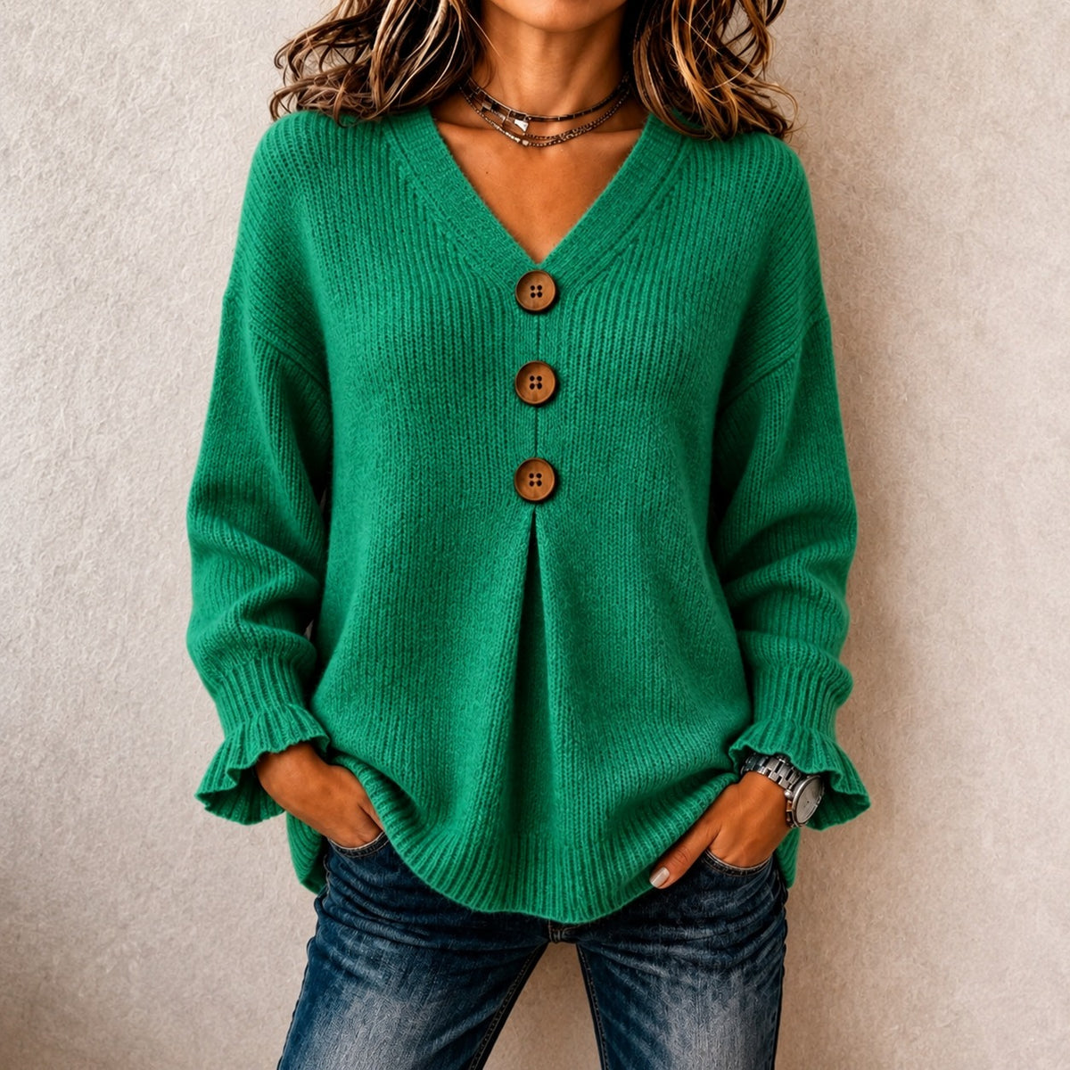 Blusa Vanessa™ com Botões Frontais, Punhos Canelados e Decote V