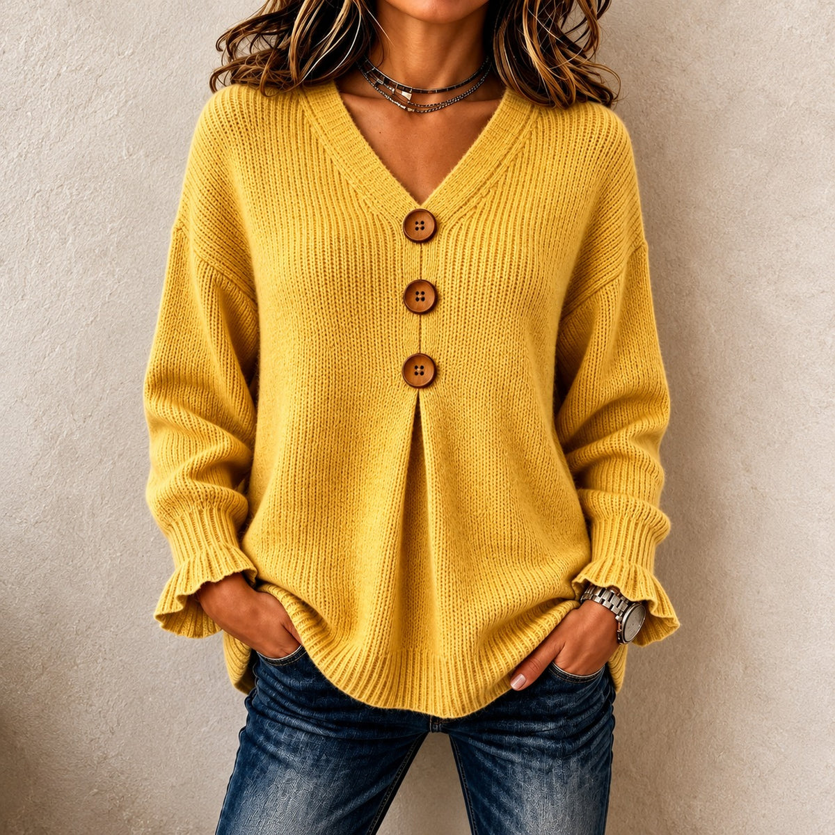 Blusa Vanessa™ com Botões Frontais, Punhos Canelados e Decote V