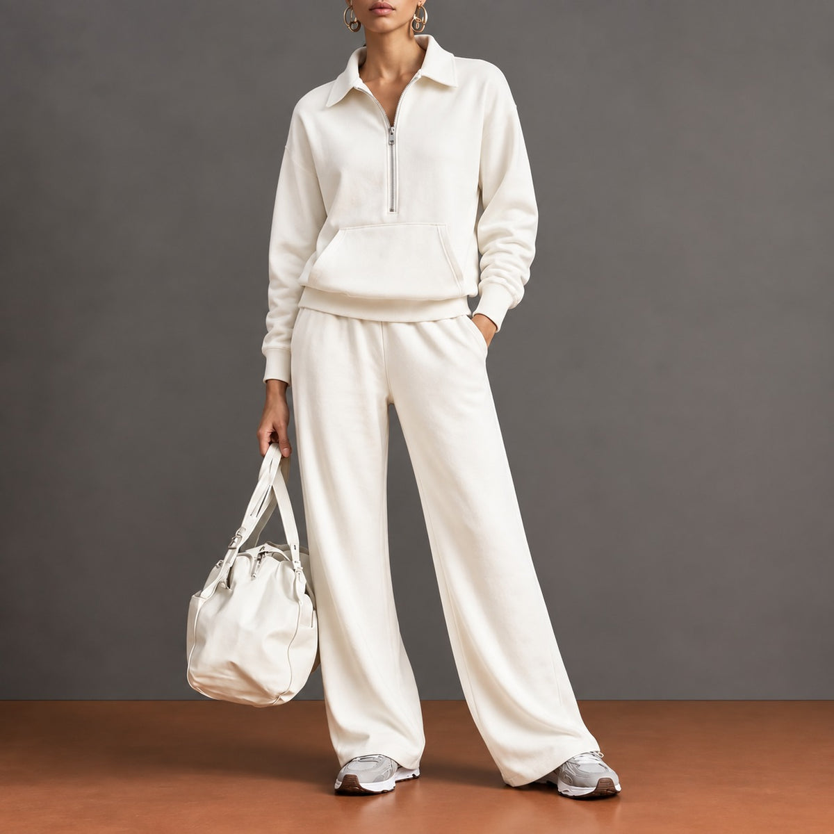 Conjunto Norelle™ com Blusa de Meio Zíper, Bolso Canguru e Calça de Modelagem Ampla