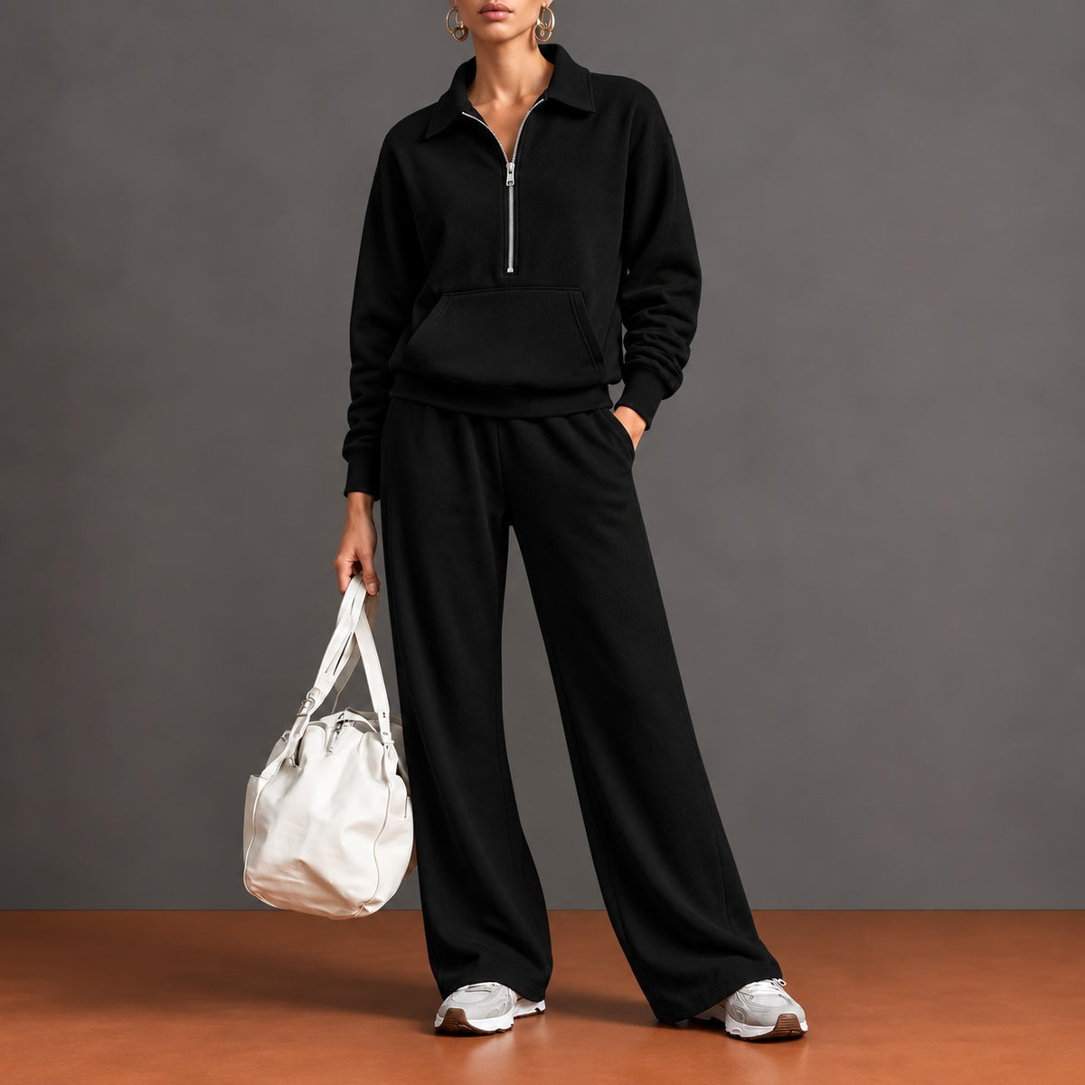 Conjunto Norelle™ com Blusa de Meio Zíper, Bolso Canguru e Calça de Modelagem Ampla