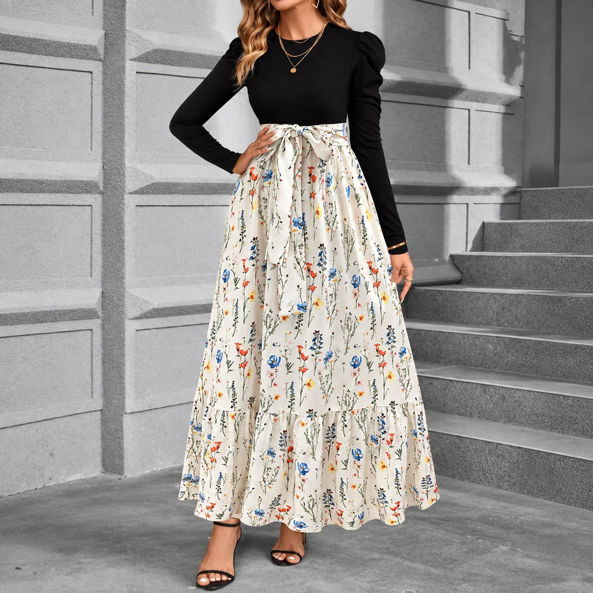 Vestido Liselle™ com Design Retrô, Cintura Marcada e Saia Longa Estampada