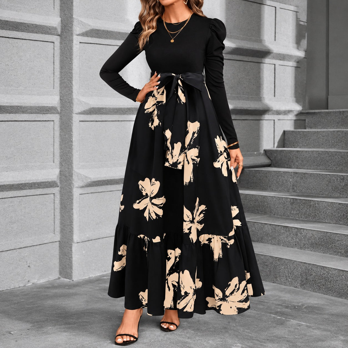 Vestido Liselle™ com Design Retrô, Cintura Marcada e Saia Longa Estampada