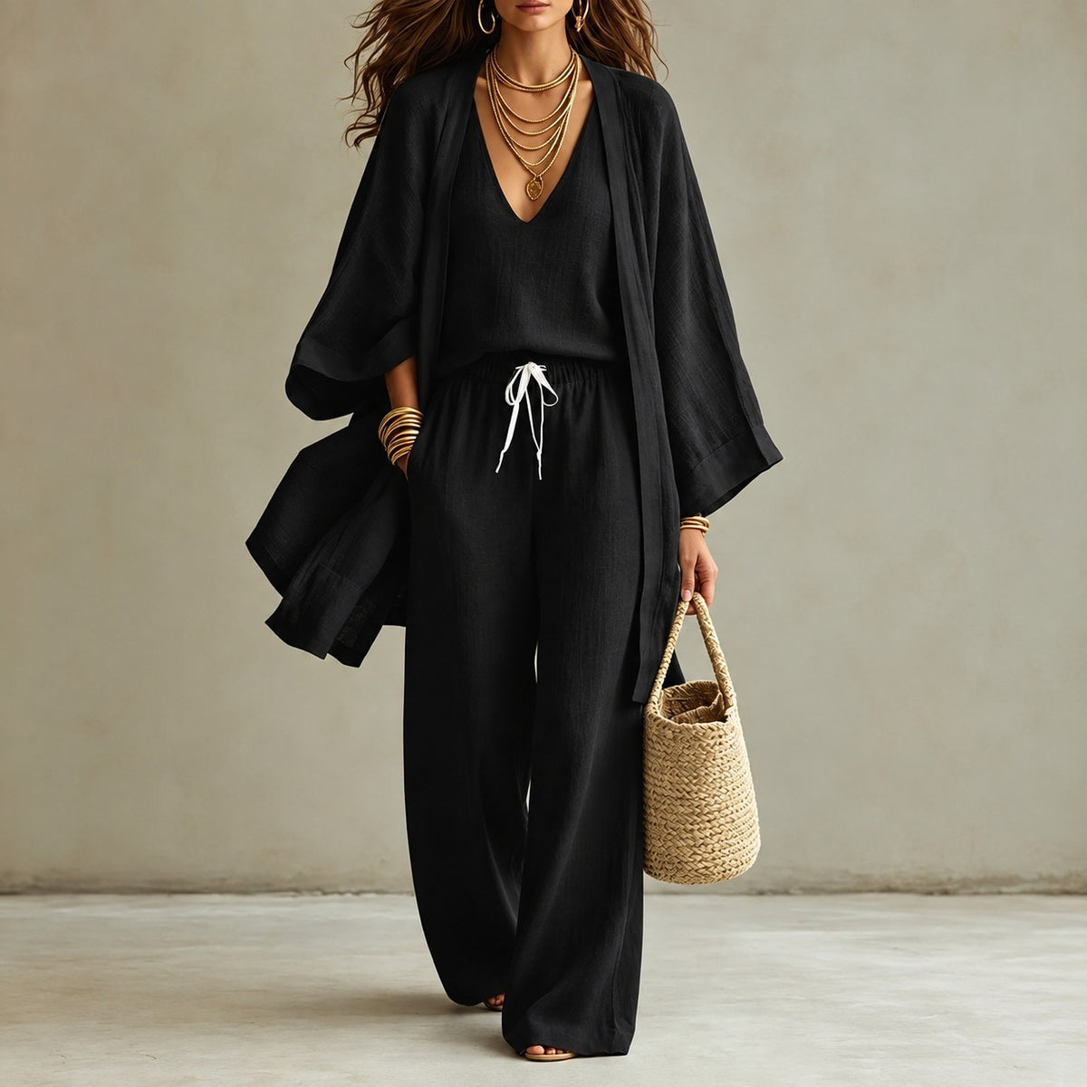 Conjunto Mirelia™ com Regata de Decote V, Calça Ampla e Kimono Longo