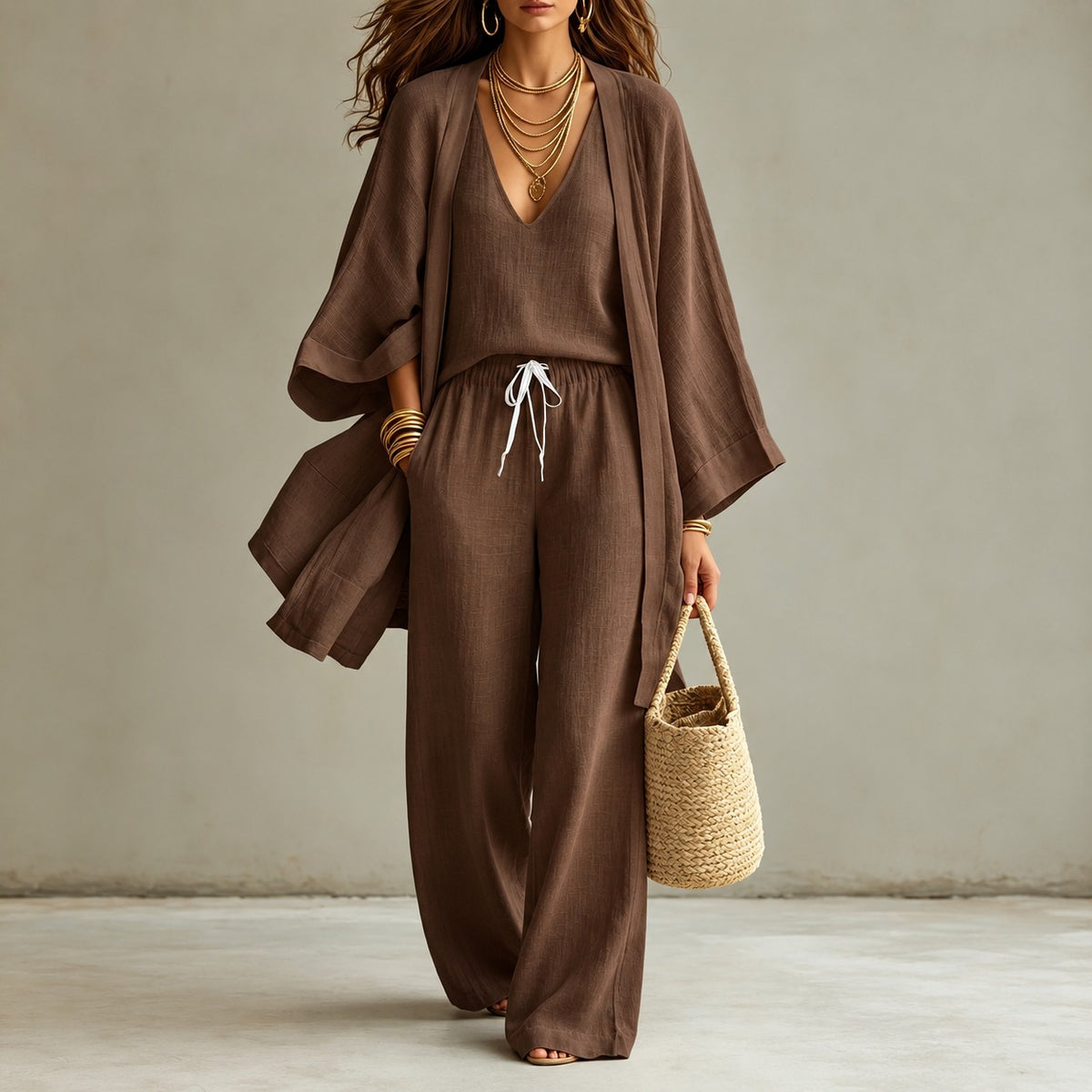 Conjunto Mirelia™ com Regata de Decote V, Calça Ampla e Kimono Longo