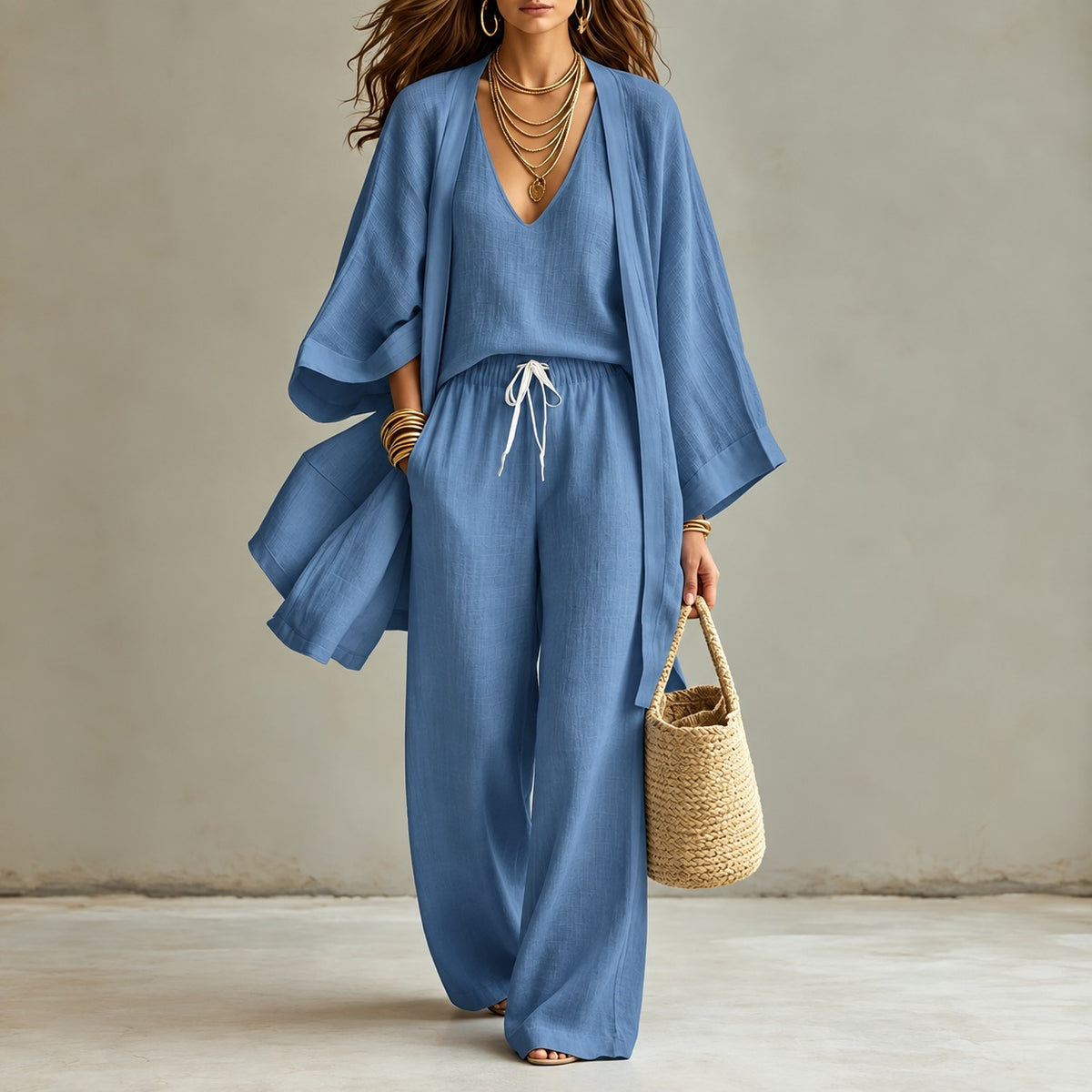 Conjunto Mirelia™ com Regata de Decote V, Calça Ampla e Kimono Longo