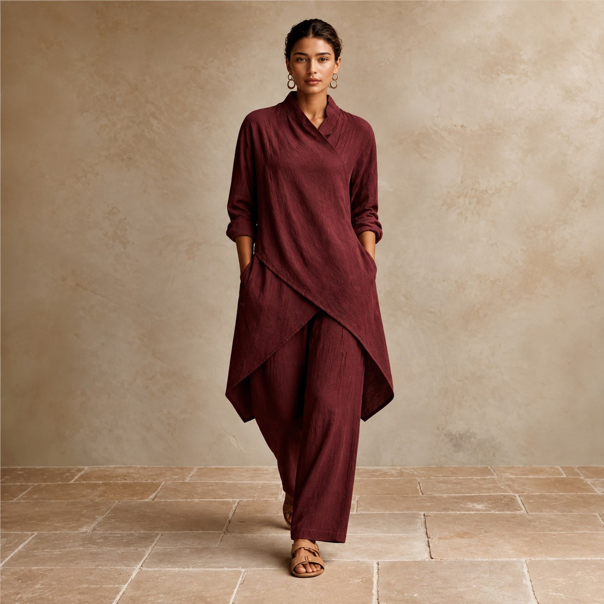 Conjunto Luarca™ com Blusa Transpassada de Barra Assimétrica e Calça Pantalona