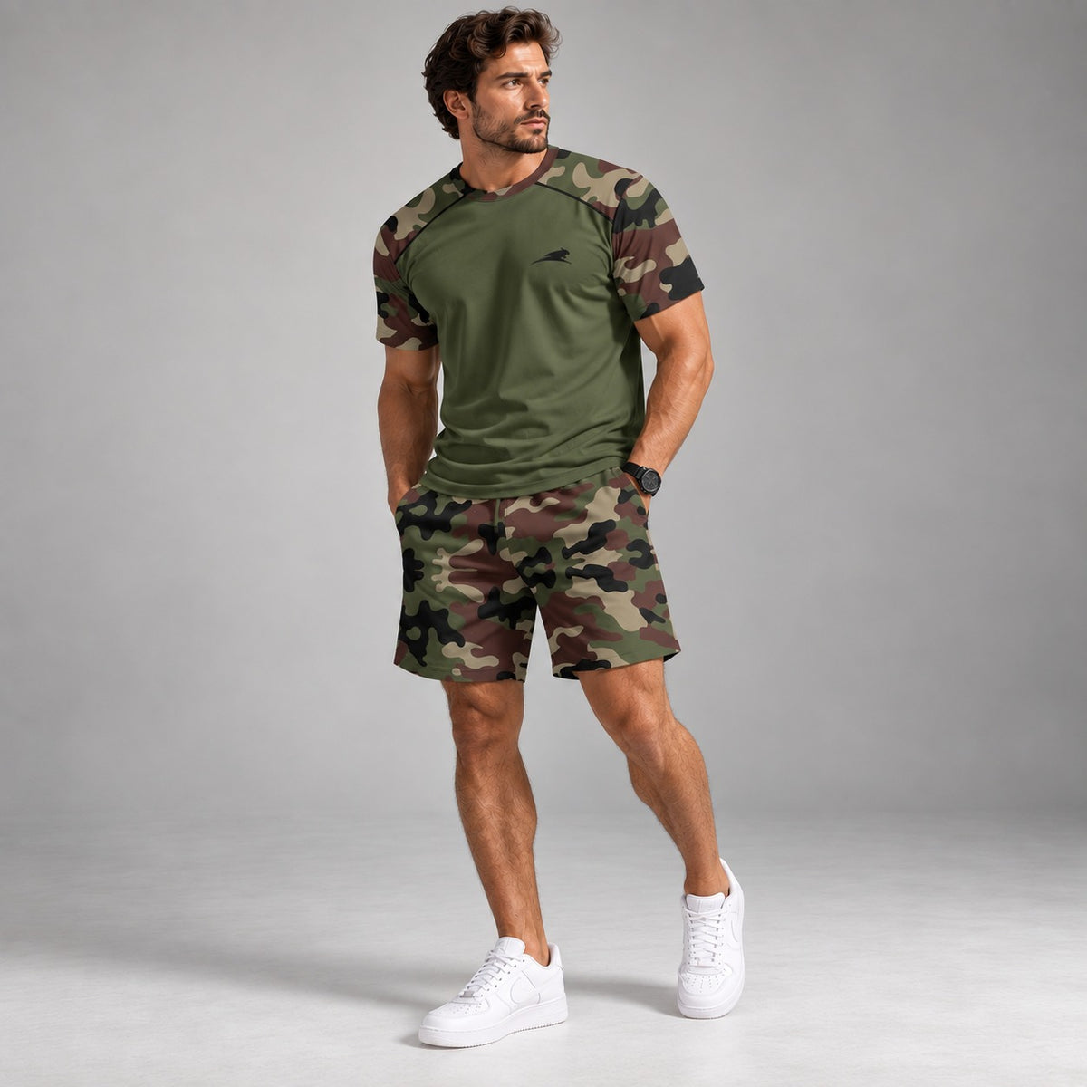 Conjunto Landon™ com Visual Camuflado, Camiseta de Manga Curta e Short com Cordão