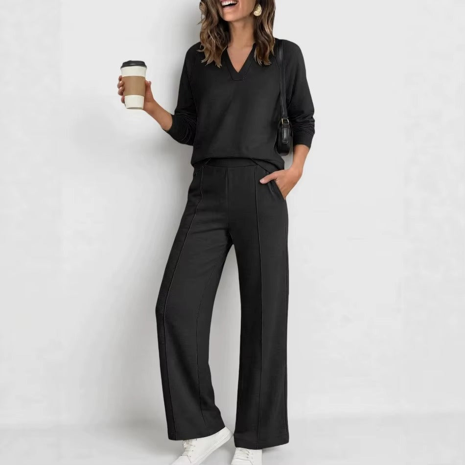 Conjunto Fabiana™ com Blusa de Decote V, Manga Longa e Calça Pantalona