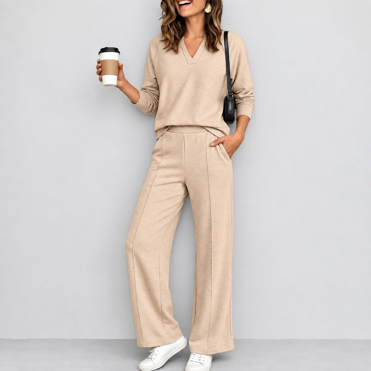 Conjunto Fabiana™ com Blusa de Decote V, Manga Longa e Calça Pantalona
