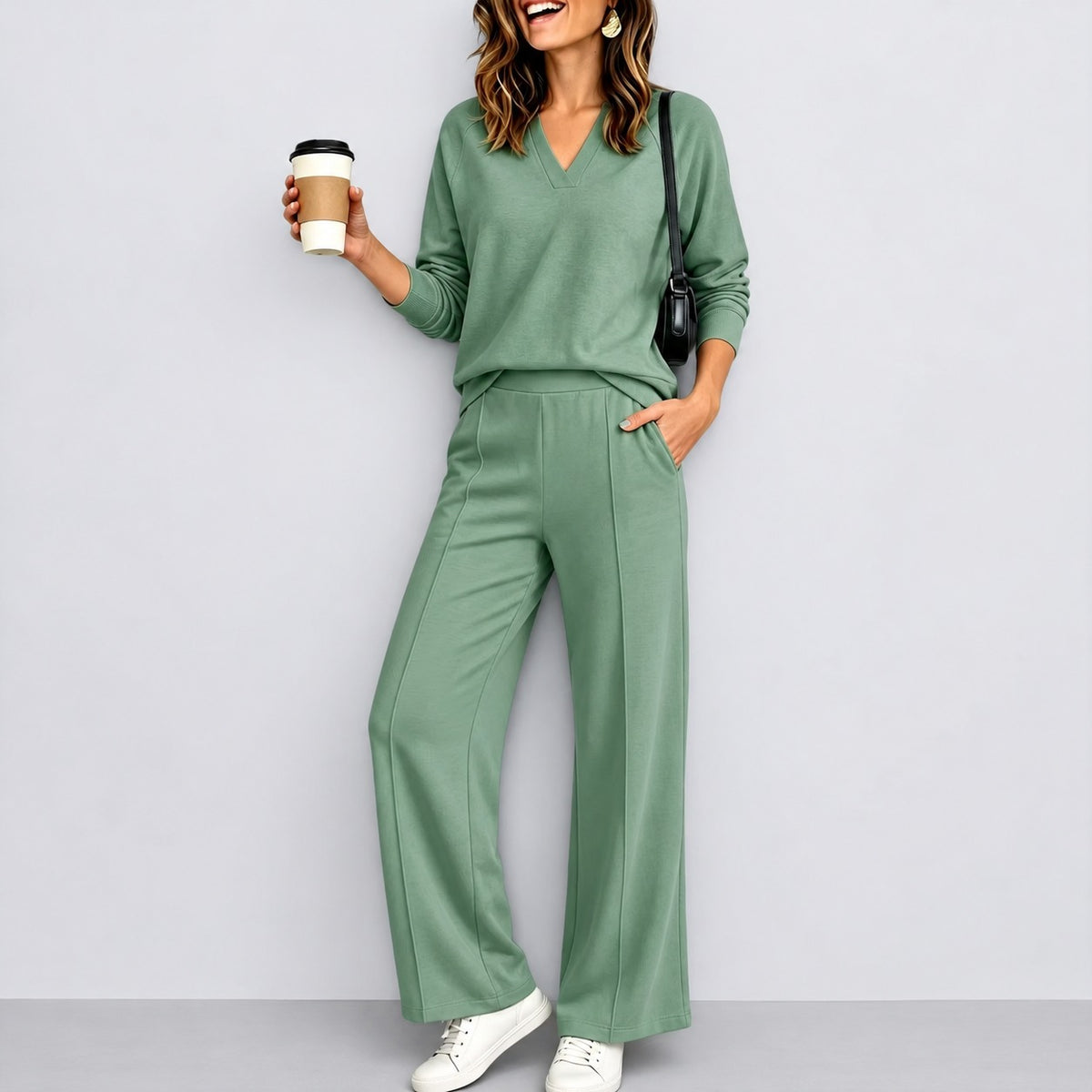 Conjunto Fabiana™ com Blusa de Decote V, Manga Longa e Calça Pantalona