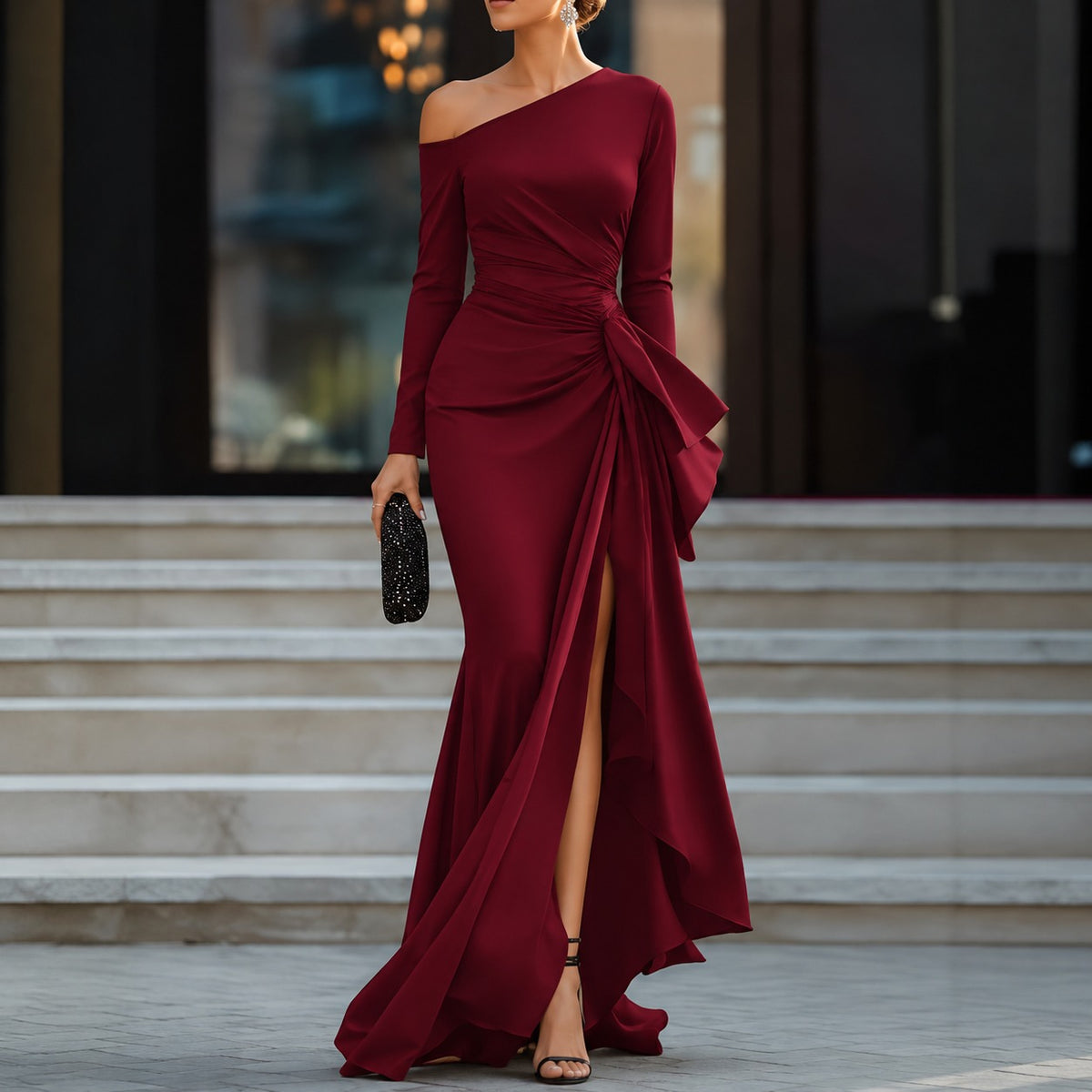 Vestido Vivienne™ com Decote Assimétrico, Drapeado na Cintura e Fenda Frontal / Uma Silhueta Marcante Para Momentos Inesquecíveis