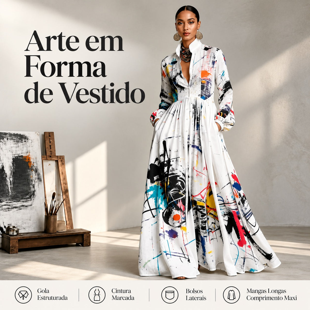 Vestido Tarsila™ com Estampa Abstrata Artística, Cintura Marcada e Saia Evasê