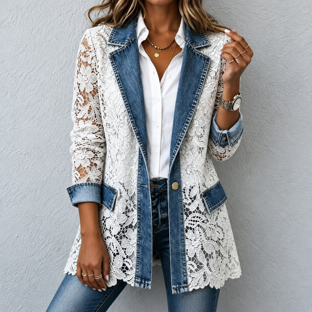 Blazer Elizabete™ em Jeans com Renda Floral e Lapelas Clássicas