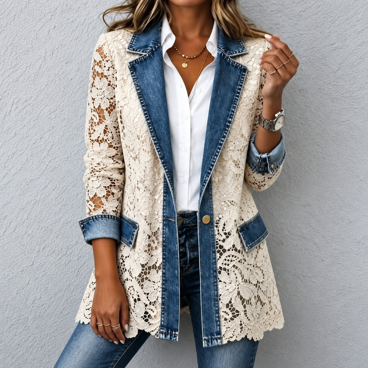 Blazer Elizabete™ em Jeans com Renda Floral e Lapelas Clássicas