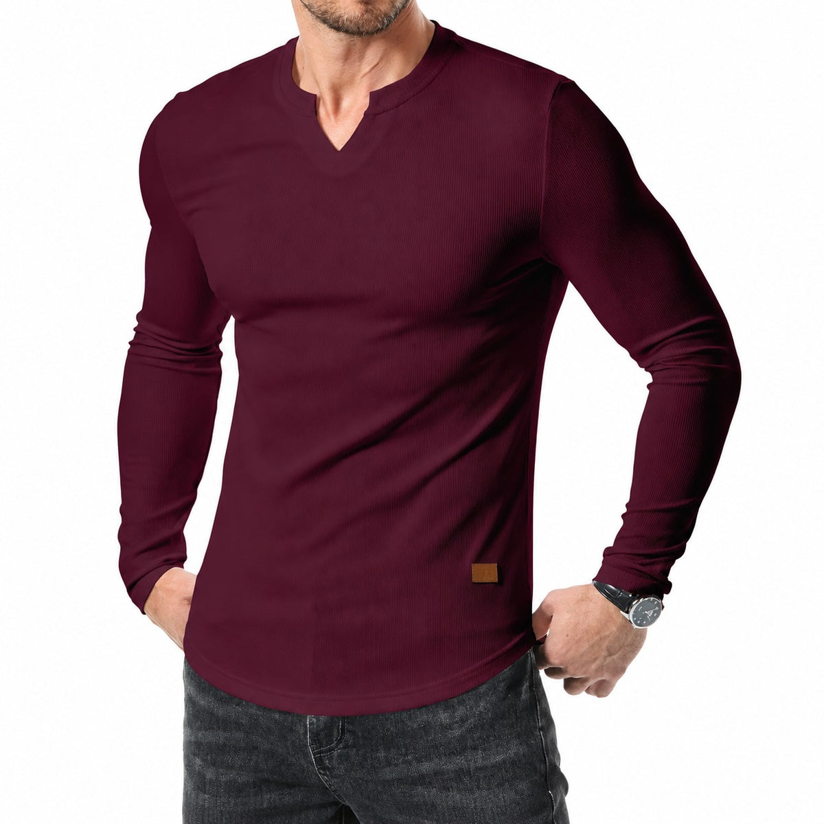 Camiseta Valério™ com Textura Canelada, Gola em V e Mangas Longas