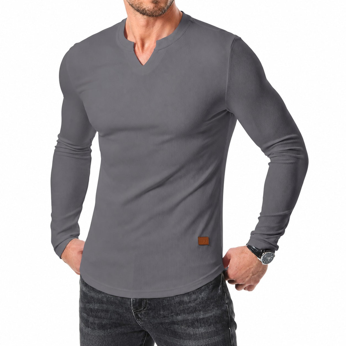 Camiseta Valério™ com Textura Canelada, Gola em V e Mangas Longas