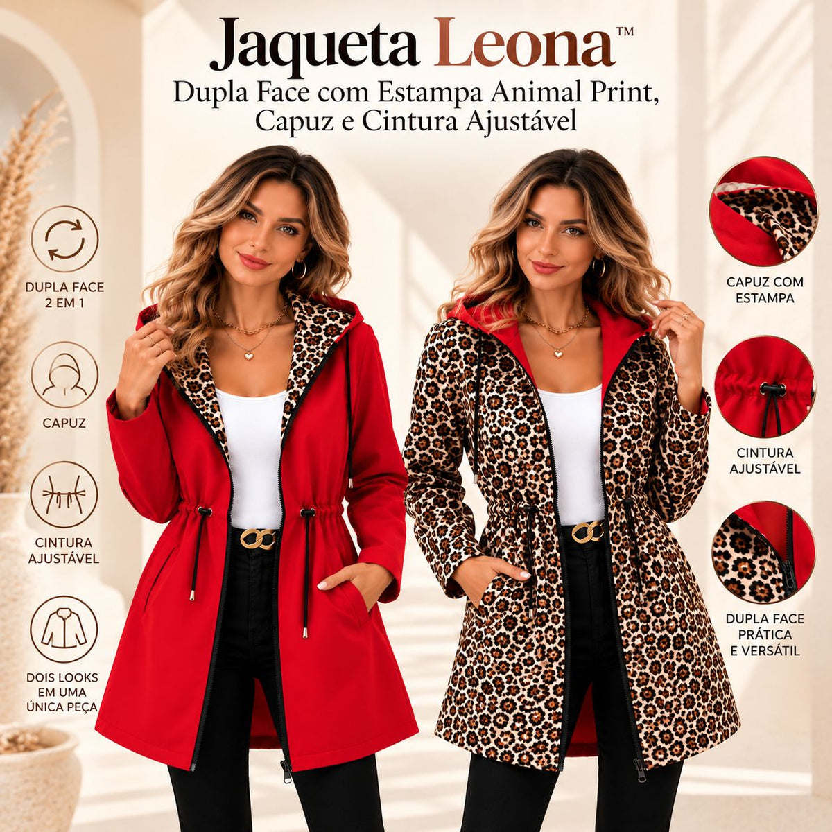 Jaqueta Leona™ Dupla Face com Estampa Animal Print, Capuz e Cintura Ajustável