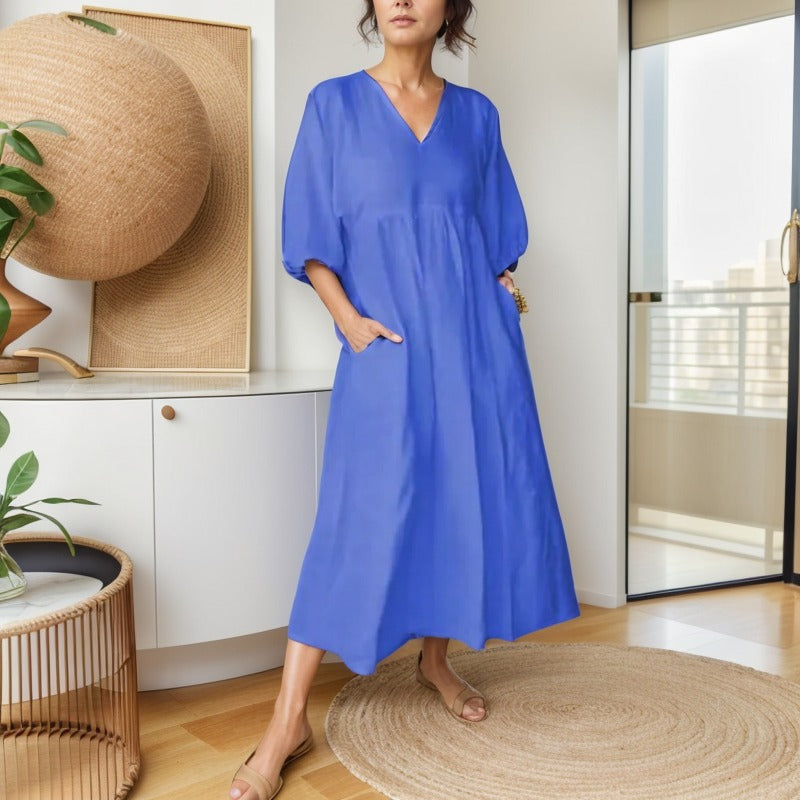 Vestido Alma Livre™ em Linho de Algodão com Gola V e Manga Ampla / Para Mulheres que Dançam com o Vento e Vestem Leveza!