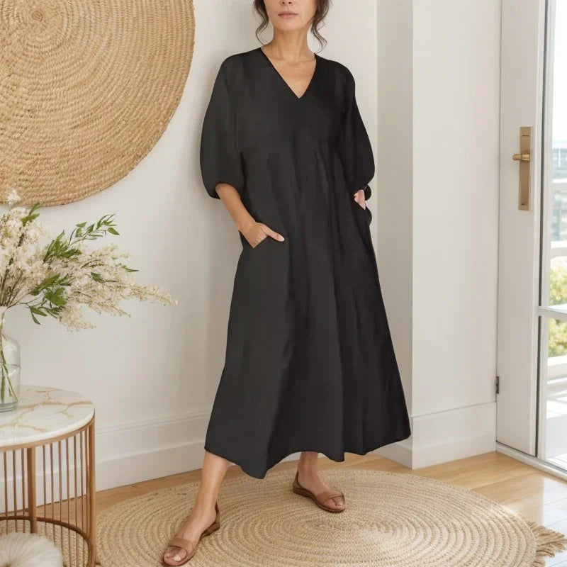 Vestido Alma Livre™ em Linho de Algodão com Gola V e Manga Ampla / Para Mulheres que Dançam com o Vento e Vestem Leveza!