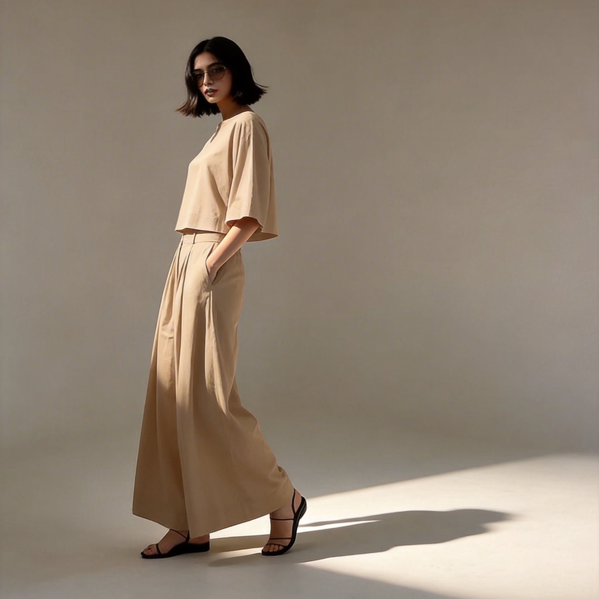 Conjunto Sofia™ em Popelina com Manga Kimono e Calça Saia de Cintura Alta