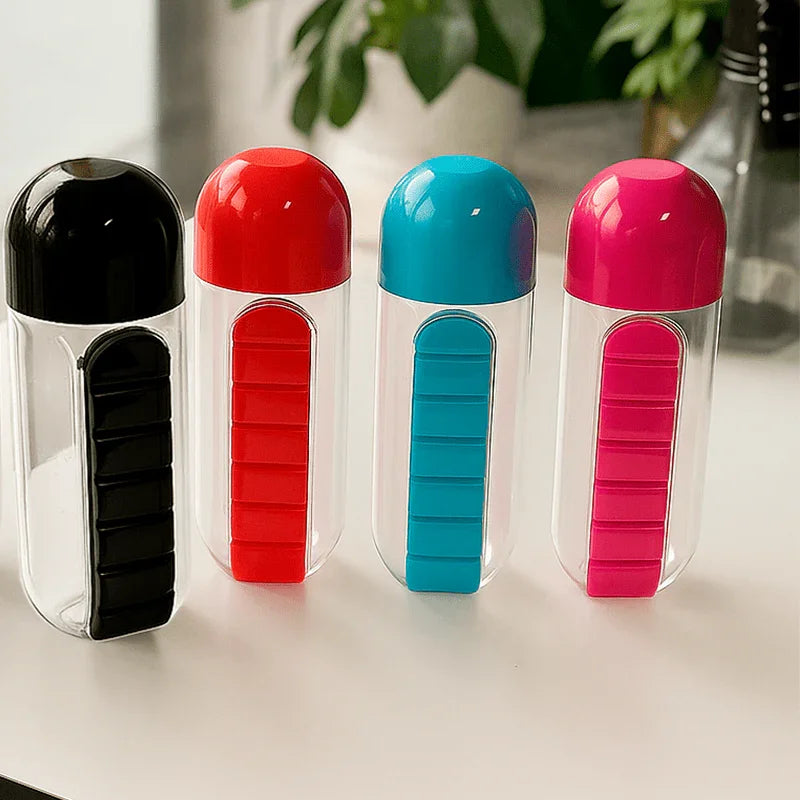 Garrafa AquaOrganize™ com Compartimentos para Remédios e Suplementos / Cuide da Sua Saúde com Estilo e Facilidade!